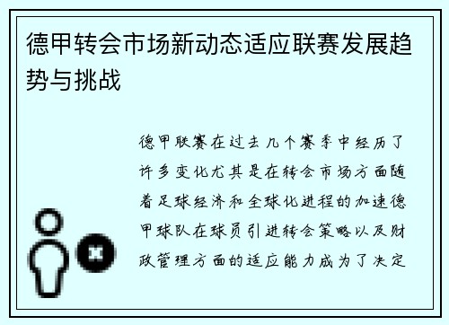德甲转会市场新动态适应联赛发展趋势与挑战