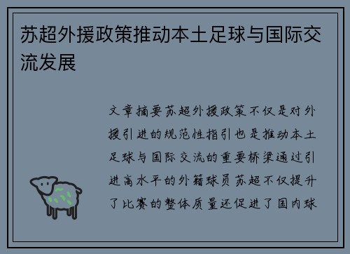 苏超外援政策推动本土足球与国际交流发展